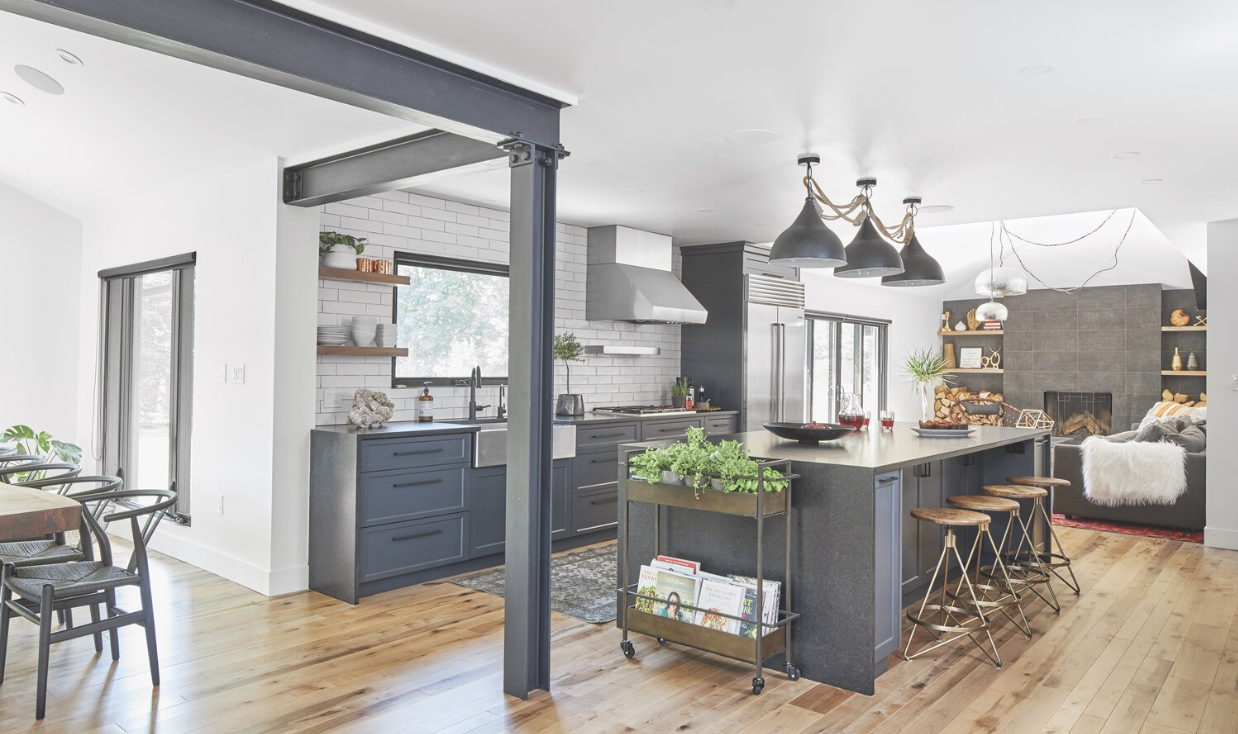 Modern grey kitchen will bright lights and wood floors.