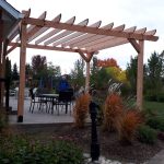 Pergola behind house in backyard