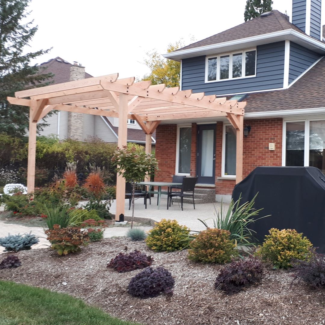 Pergola behind house in backyard